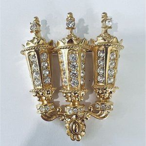 Vintage KJL Kenneth Jay Lane Light Post Rhinestones Brooch Pin Pendant Gold-tone